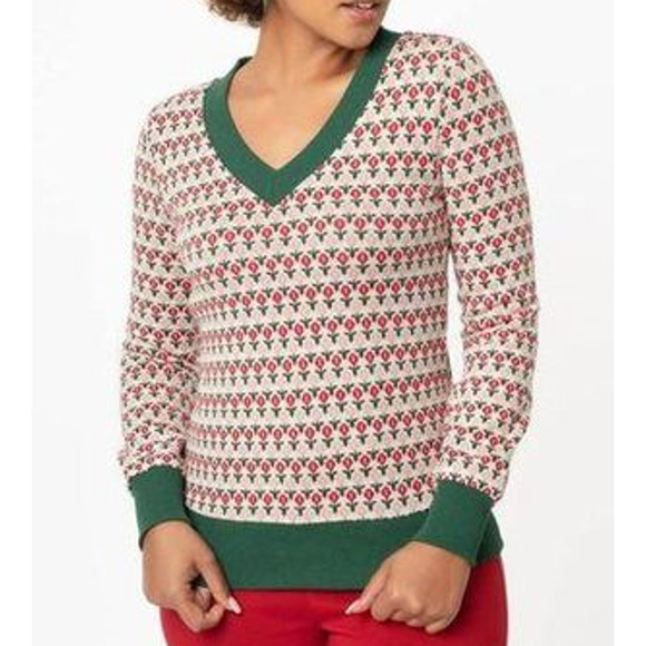 UNIQUE VINTAGE XS white green tulip floral fair Isle 1970 Retro Sweater NWT B51 - Picture 1 of 7